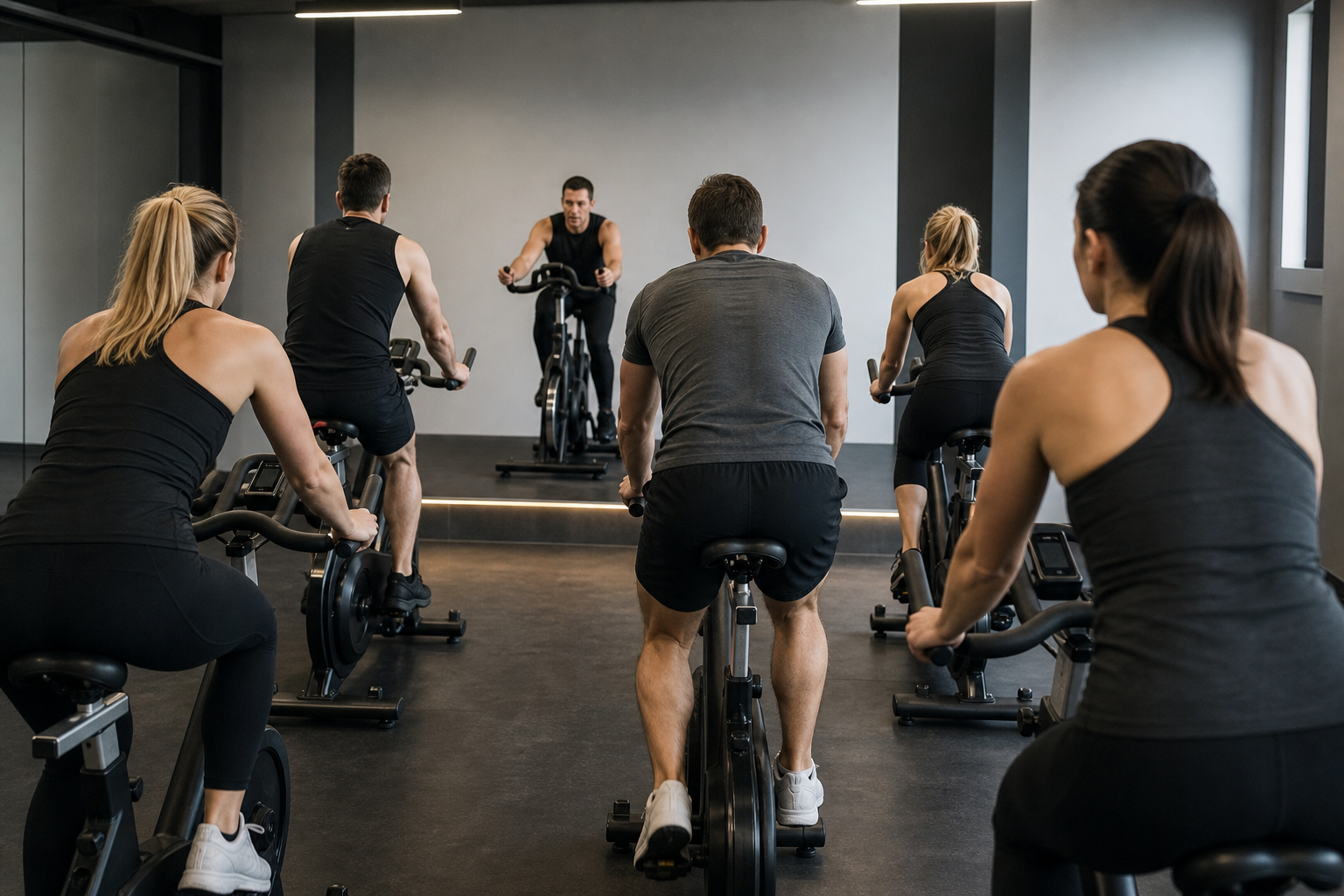 Aula de indoor cycling em grupo, com instrutor à frente